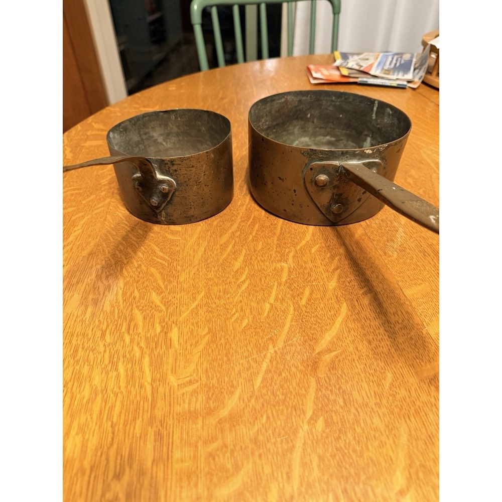 Pair Of Antique Handmade Copper Cooking Pots Decor Only